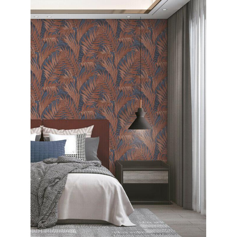 Behang Grace Tropical palm leaf blue/copper-SPITS [BO]-Bouwhof shop