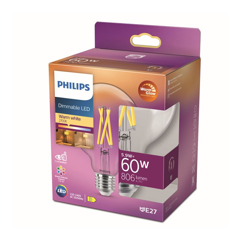 Philips LED Globe E27 Transparant 60W Dimbaar Warm Wit Licht-PHILIPS NEDERLAND [BO] (lichtbronnen)-Bouwhof shop (7034087211184)