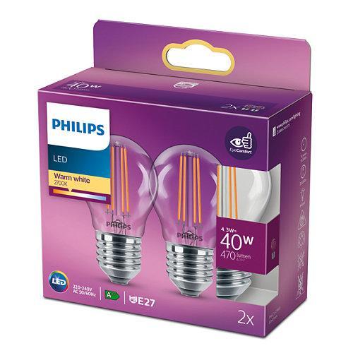 PHILIPS LED KOGELLAMP E27 TRANSPARANT 40W WARM WIT LICHT (2 STUKS)-PHILIPS NEDERLAND (lichtbronnen)-Bouwhof shop (6147895460016)